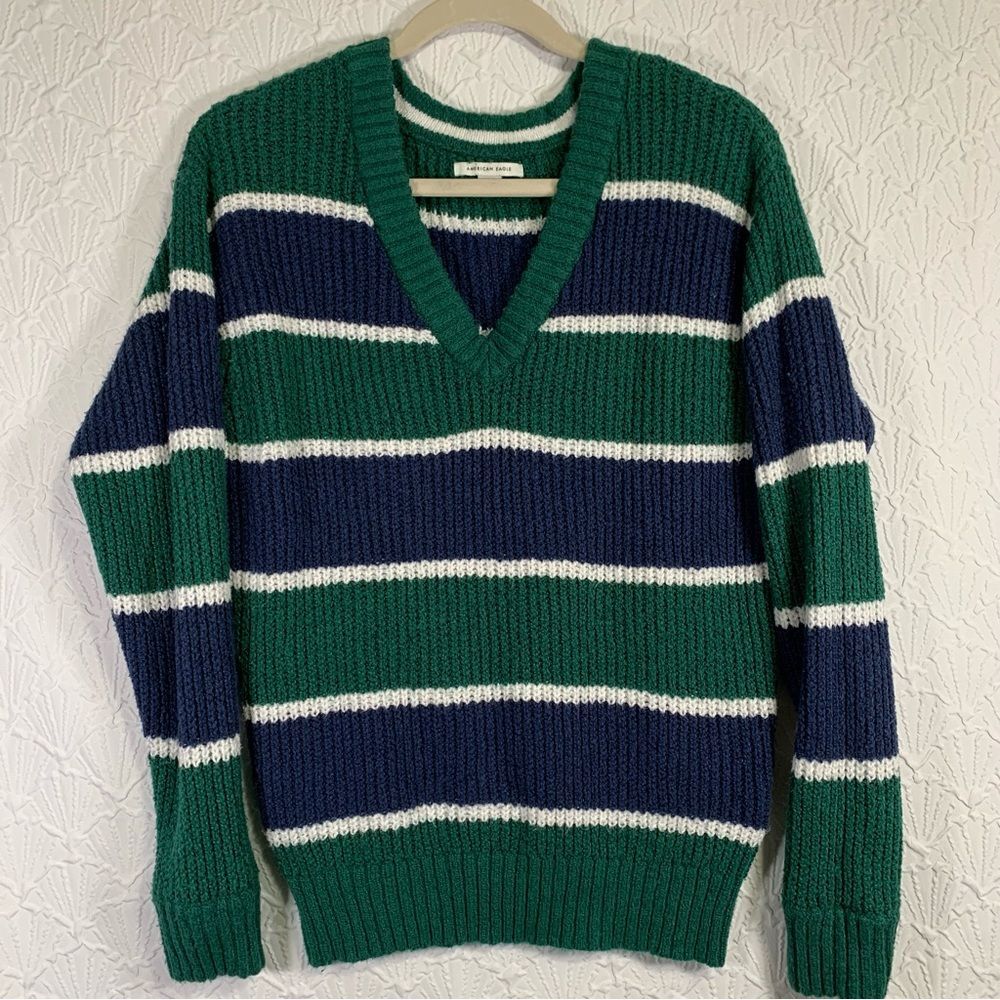American Eagle Outfitters Women's Striped V-Neck Pullover Sweater Small #855